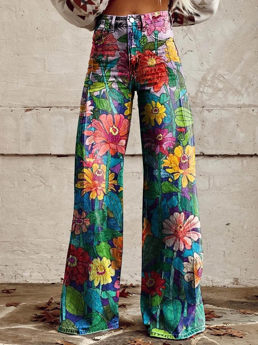 Flora | Artistic Pattern Wide-Leg Denim Pants