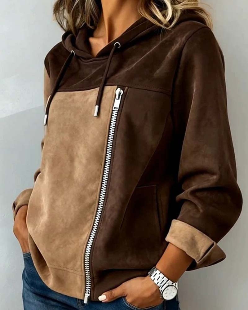 Hoodie with Hood Drawstring Contrast Zipper
