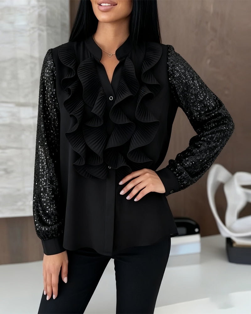 Ruffled Sequin Patchwork Elegant Blouse