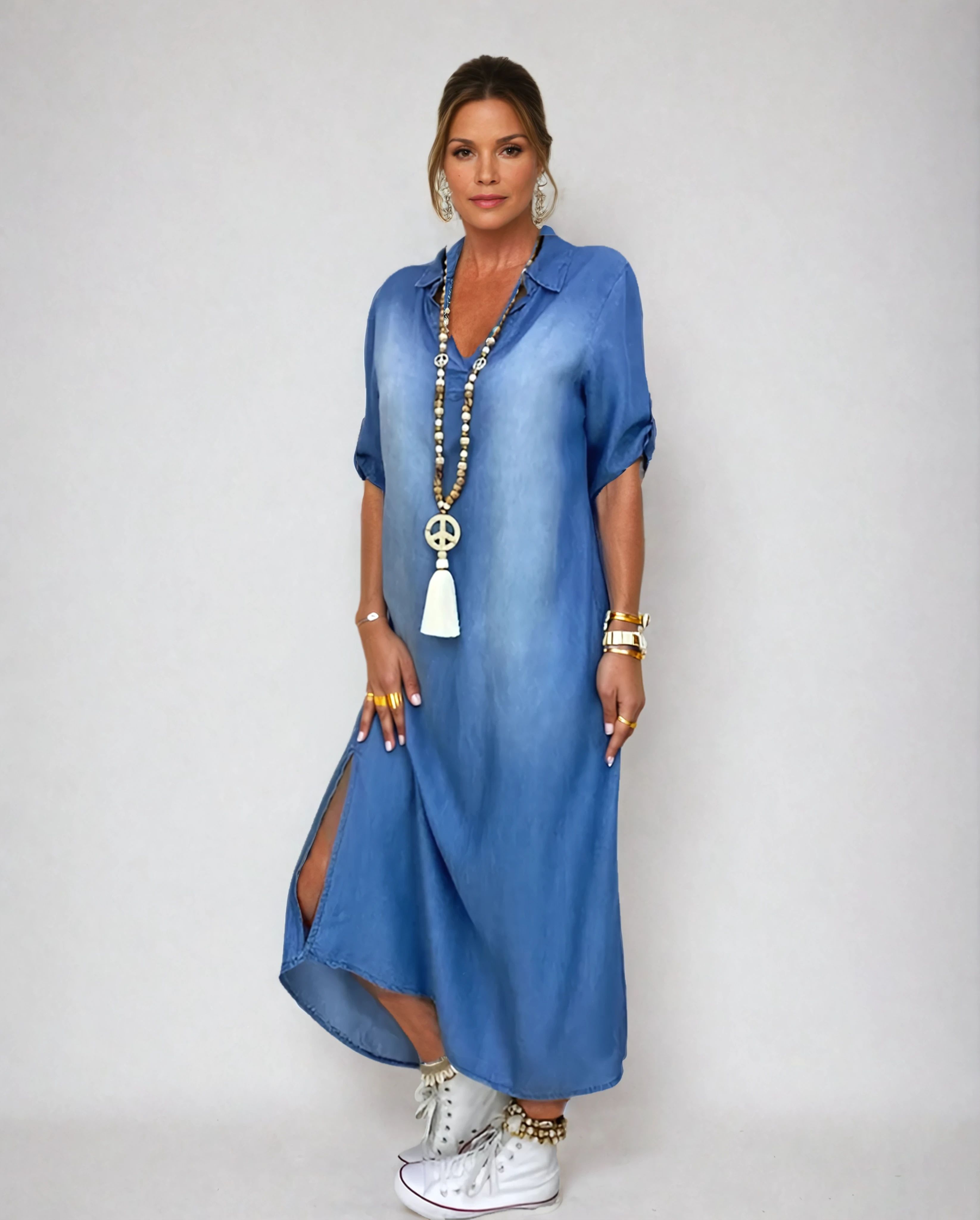 Lea | Long denim-look dress with side slit