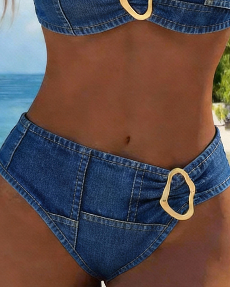 Metal Buckle Suspender Bikini Two-Piece
