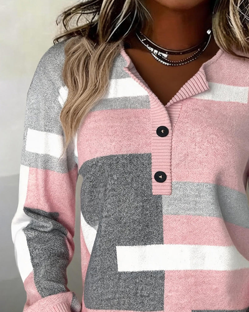 Checkered Sweater with Buttons in Front Long Sleeve