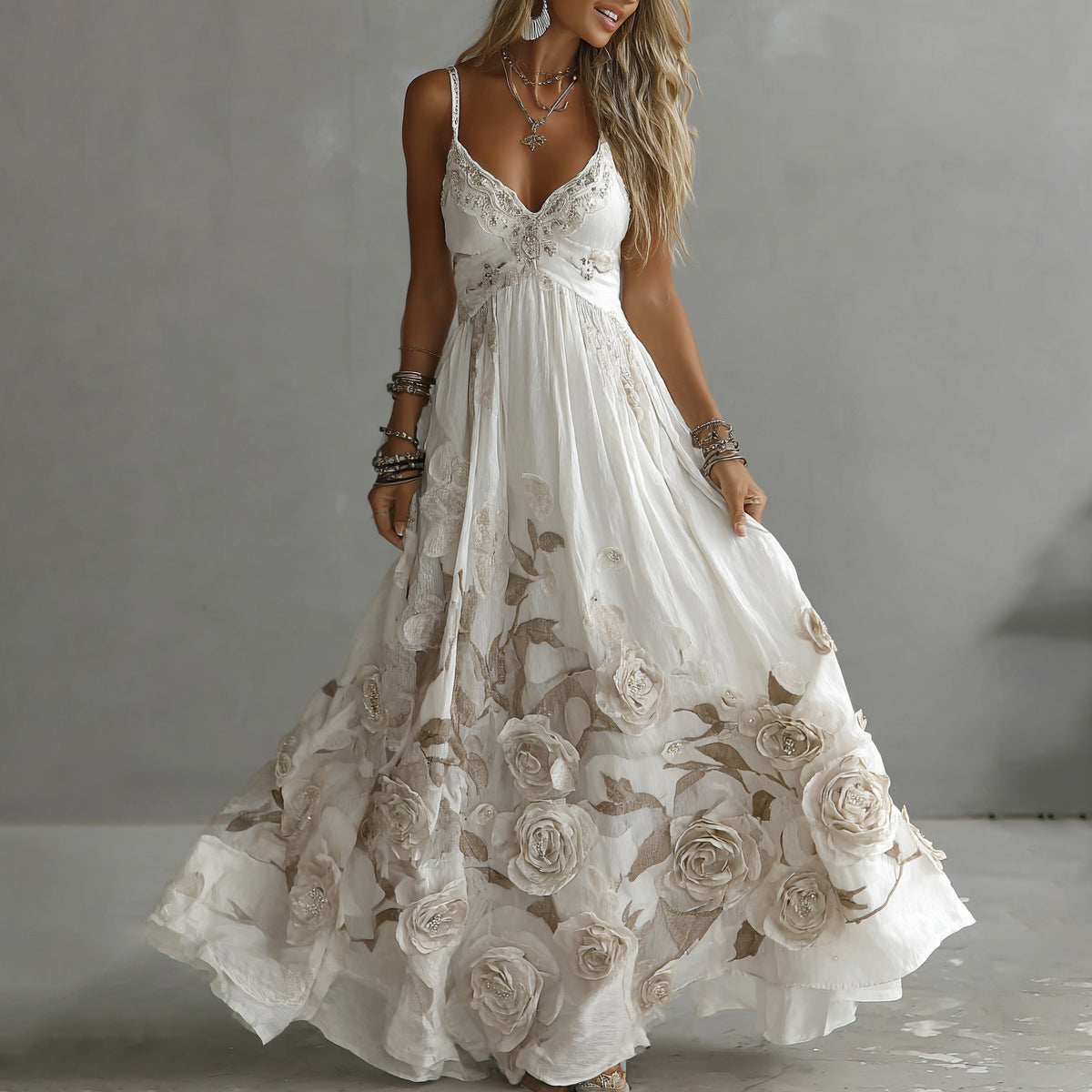 Adeluna | Long Dress with Vintage Rose and Embroidery