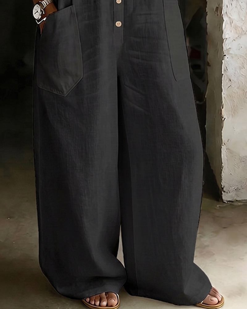 100% Cotton Casual Lapel Jumpsuit Wide Leg