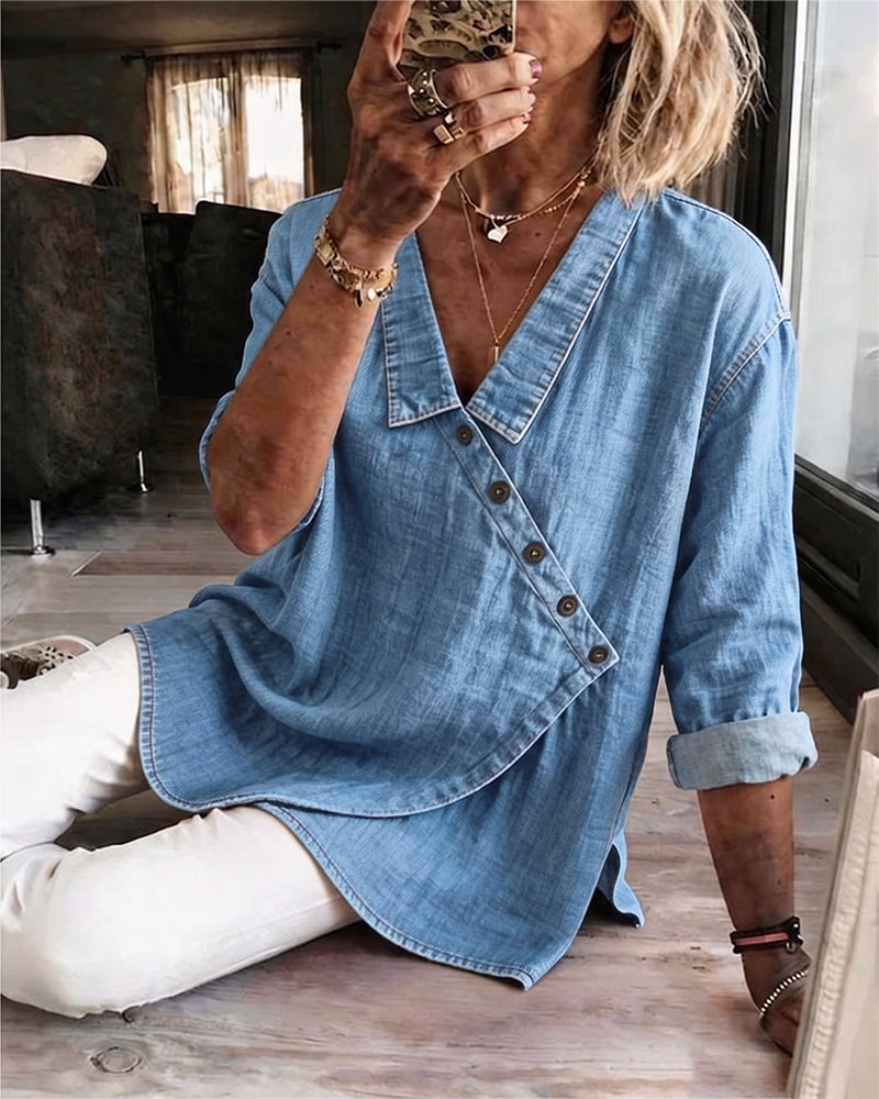 Solid Color Diagonal Button Collar Long Sleeve Blouse