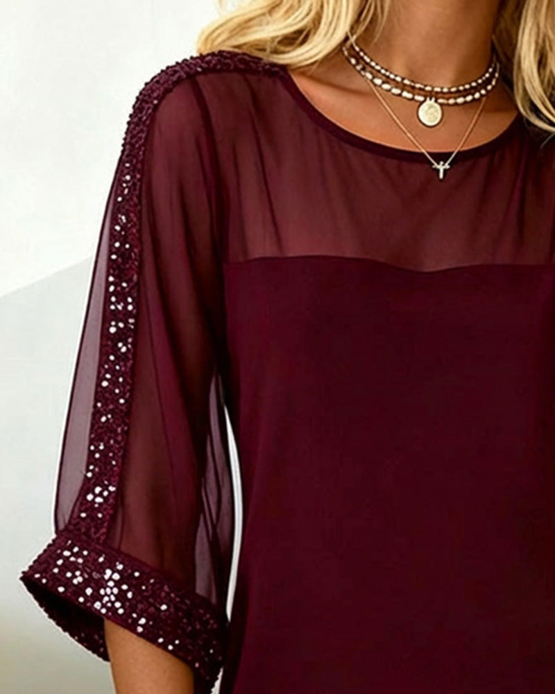 Dress Glitter Paneled Mesh Round Neck