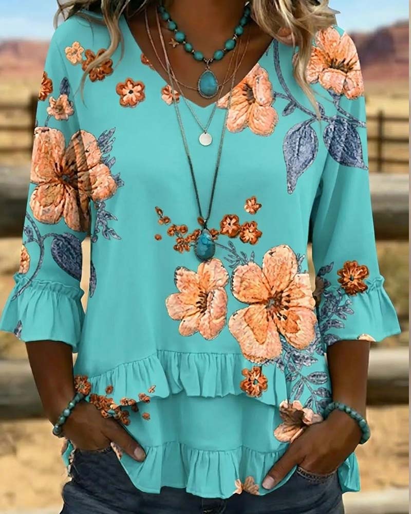 Vintage Floral V-Neck Blouse Loose Fit