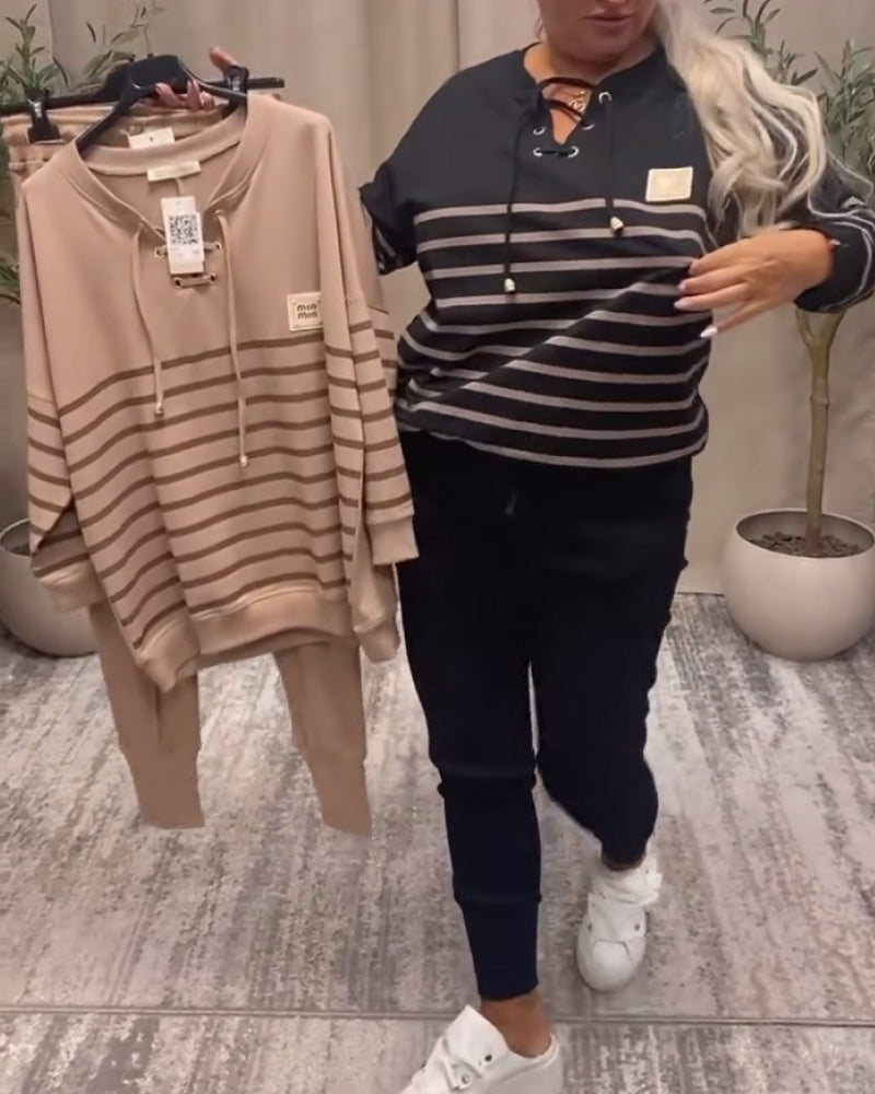 Casual Striped Sports Set with Relaxed Ankle Pants