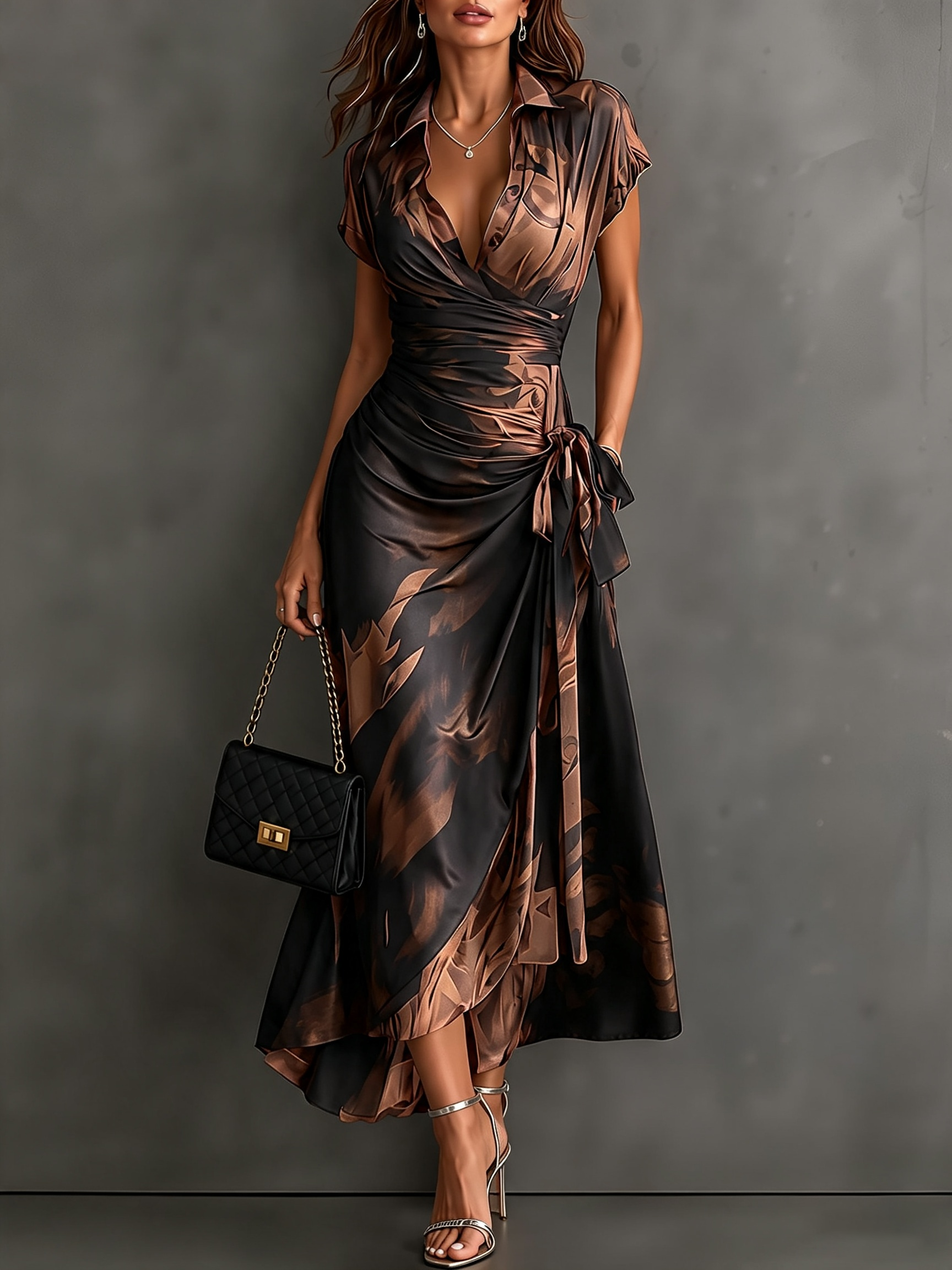 Red Black Abstract Print Wrap Midi Dress Collared V Neck Short Sleeve Tie Waist Ruffled High‑Low Hem Dress