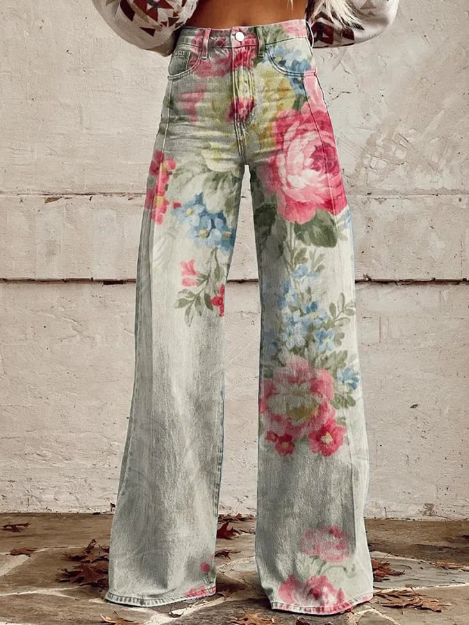 Fiona | Vintage Floral Wide-Leg Denim Pants