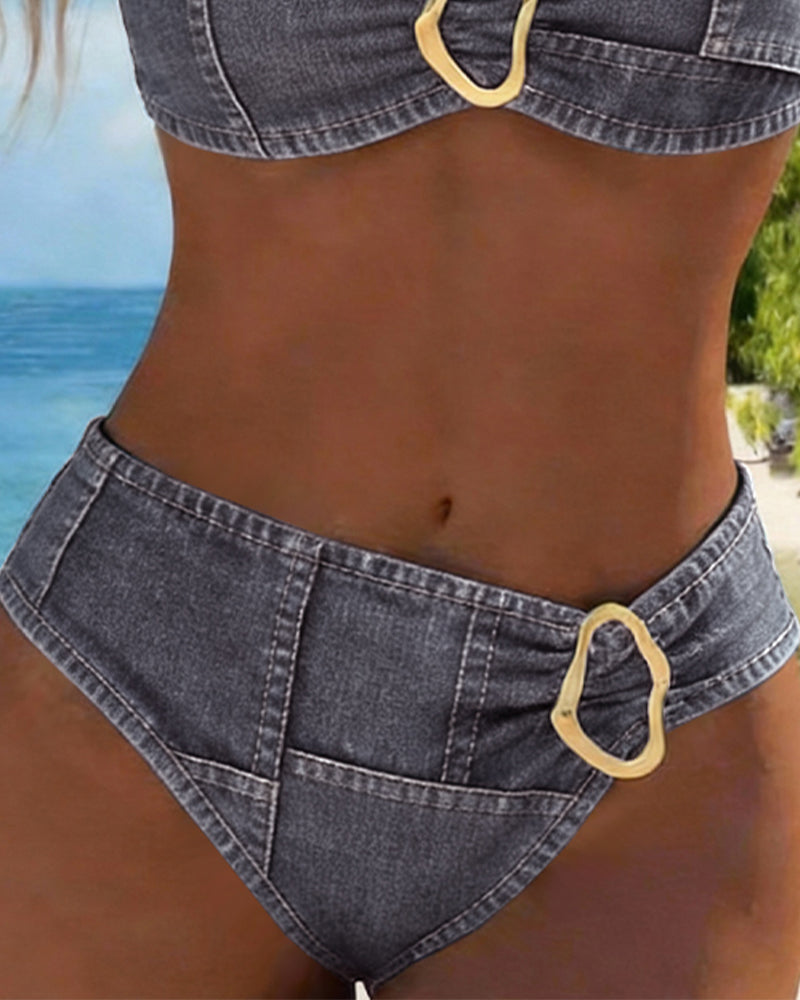 Metal Buckle Suspender Bikini Two-Piece