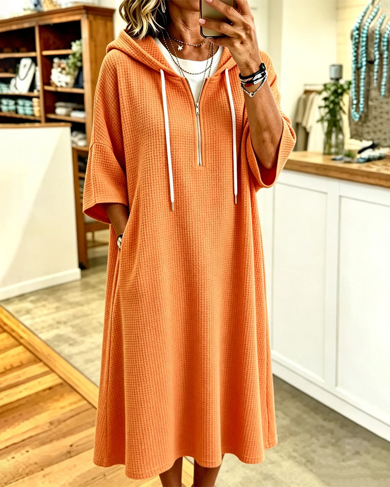 Dress Zipper Waffle Hood Three-Quarter Sleeve