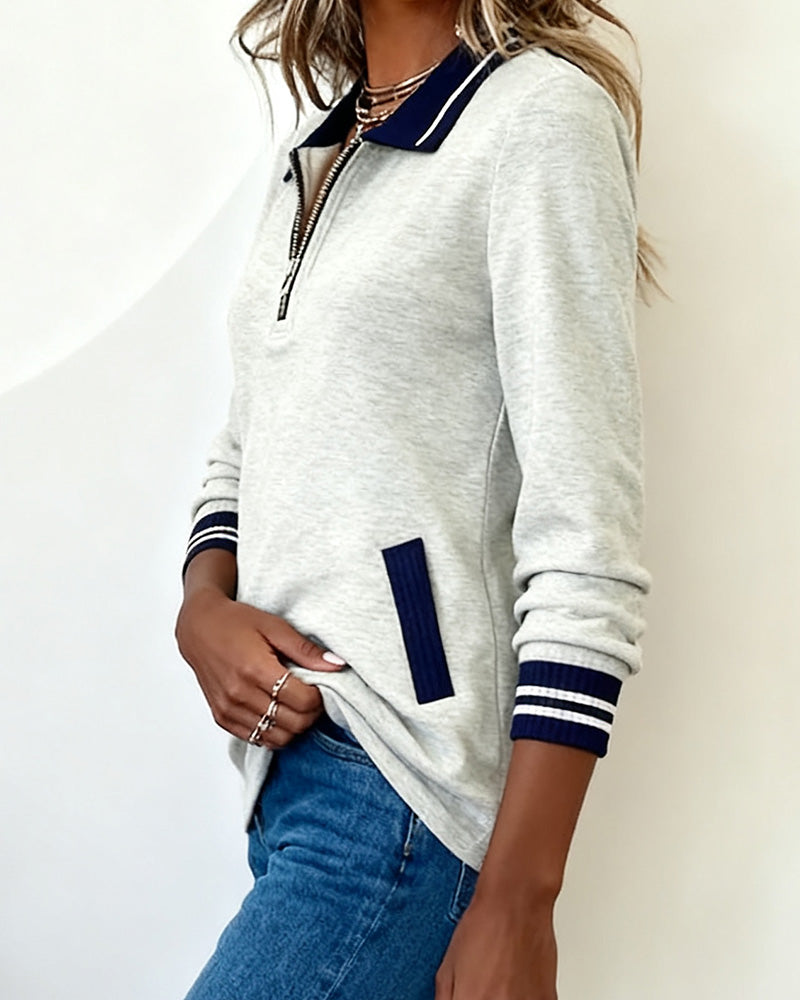 Oversized Sweatshirt with Lapel, Zipper Closure, and Contrast Color