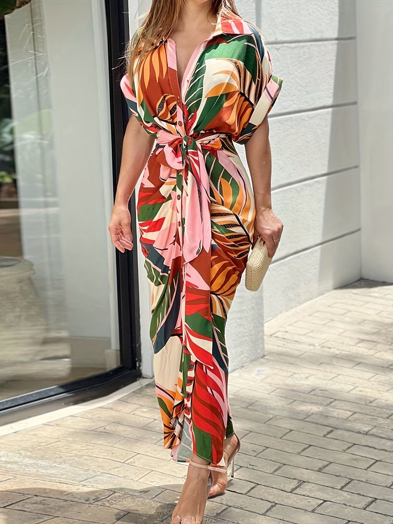 Bethany | Belted Tropical Print Shirt Dress