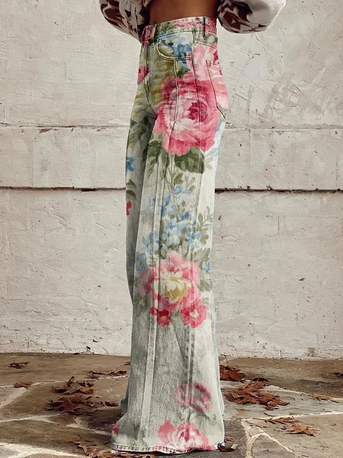 Fiona | Vintage Floral Wide-Leg Denim Pants