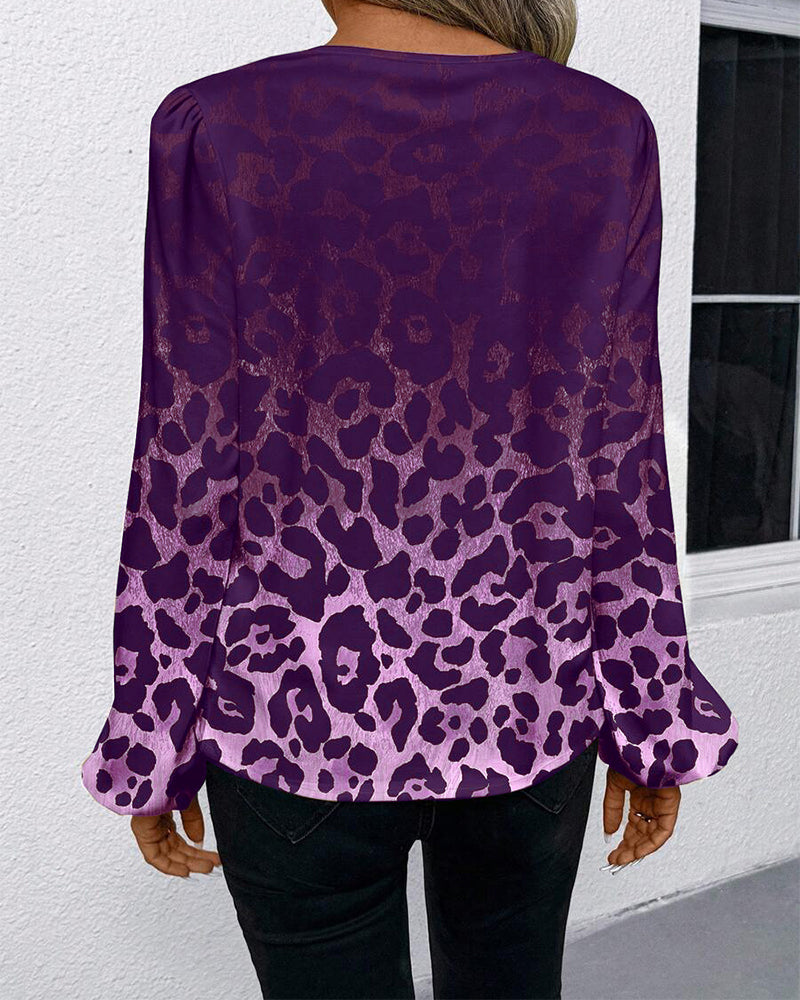 Shirt Puff Sleeve Gradient Leopard Print