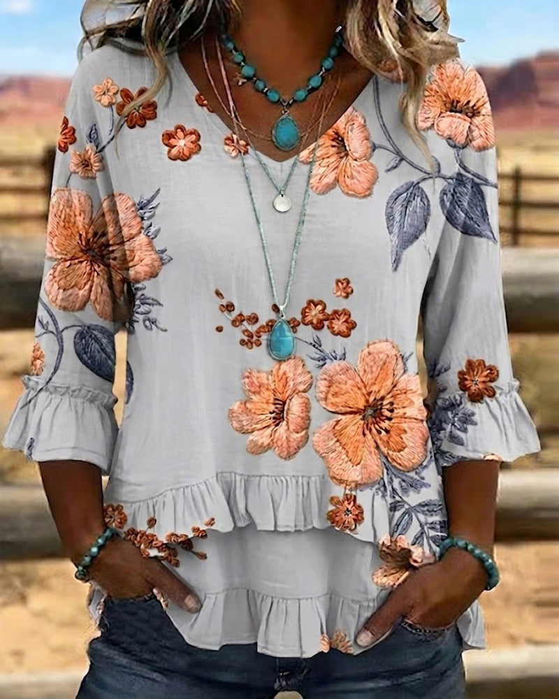 Vintage Floral V-Neck Blouse Loose Fit