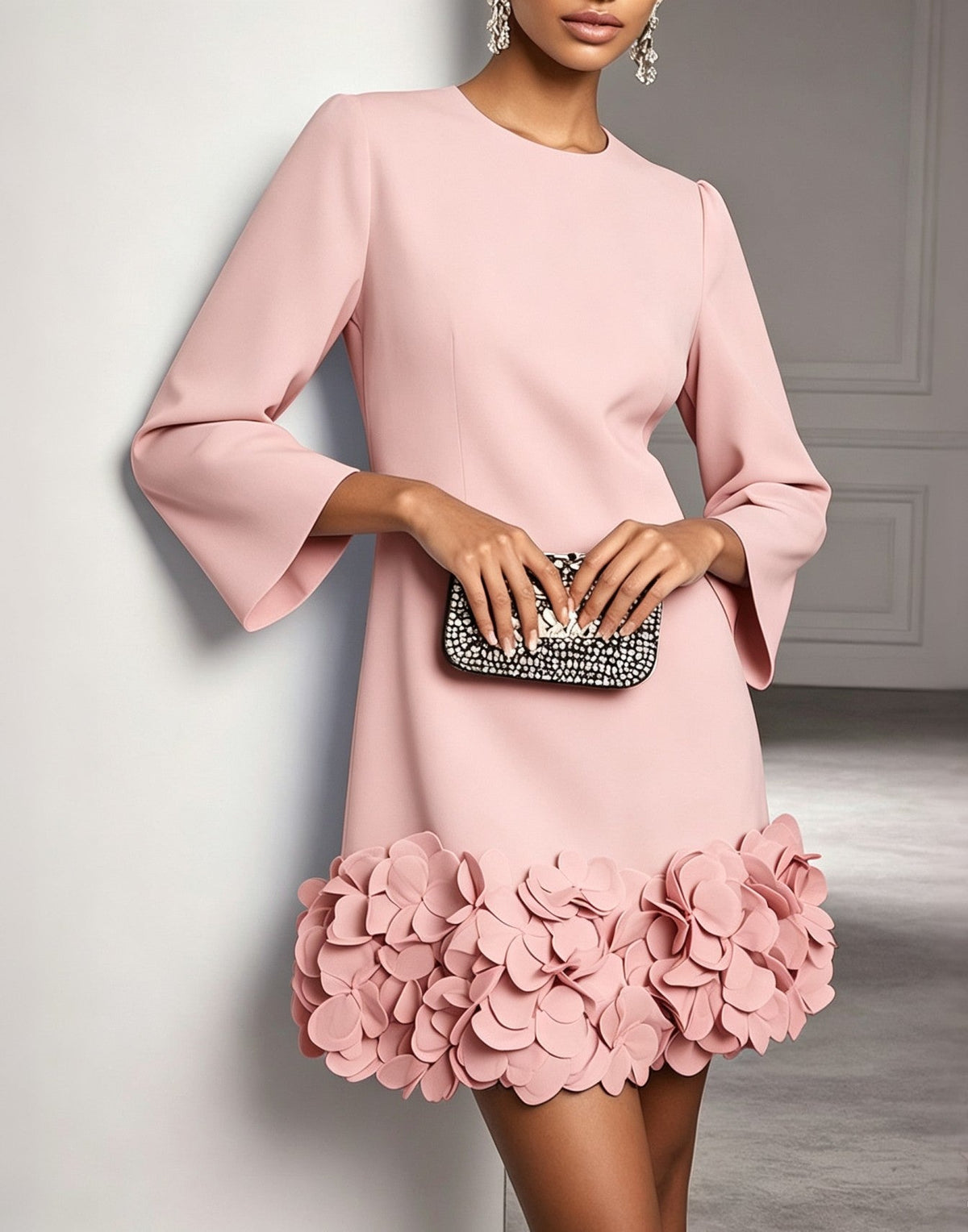 Black Round Neck 3D Floral Ruffle Hem Mini Dress