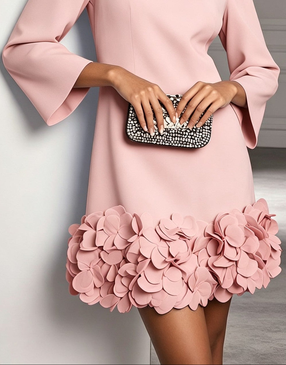Pink Round Neck 3D Floral Ruffle Hem Mini Dress