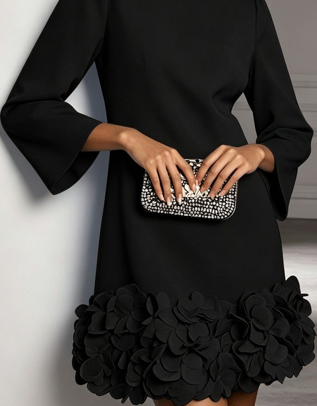 Black Round Neck 3D Floral Ruffle Hem Mini Dress