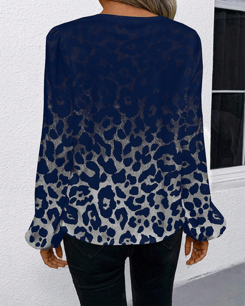 Shirt Puff Sleeve Gradient Leopard Print