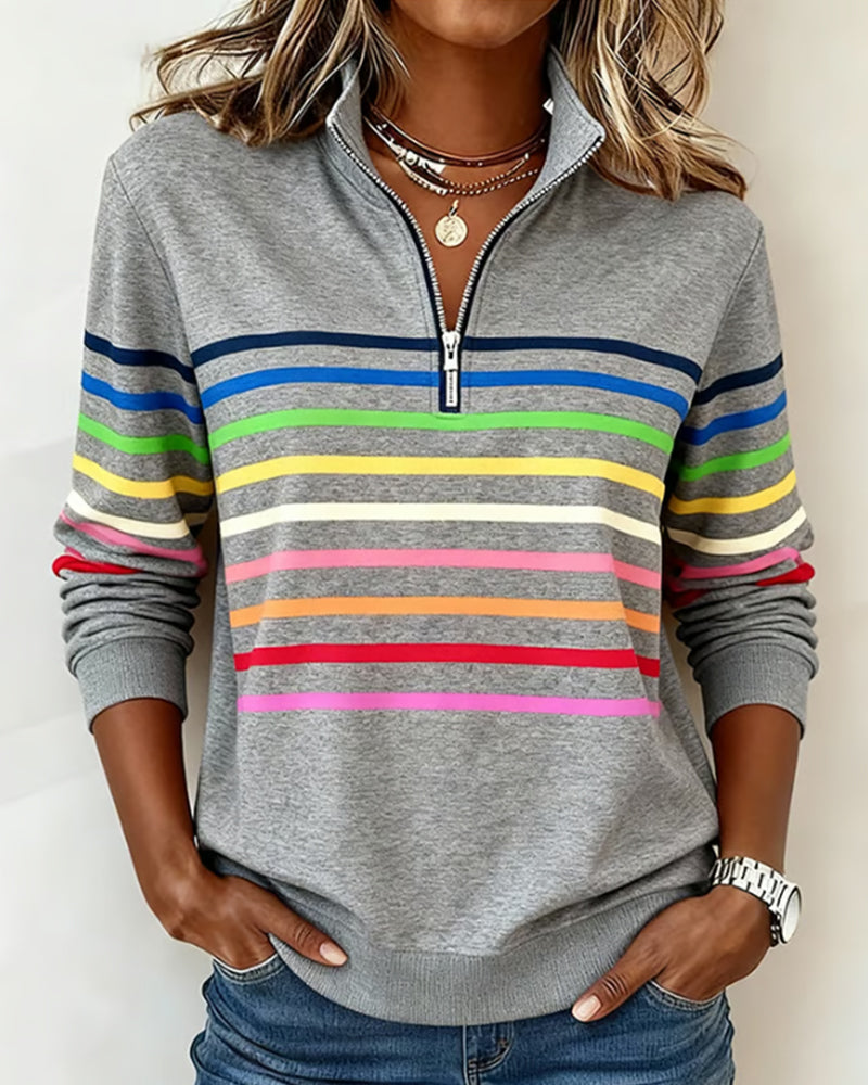 Mode Sweatshirt with Half Zip and Rainbow Stripes