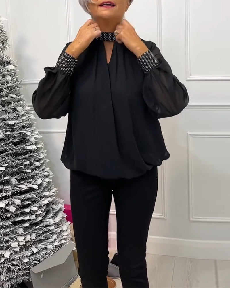 High-Necked Sheer Patchwork Blouse in Solid Color