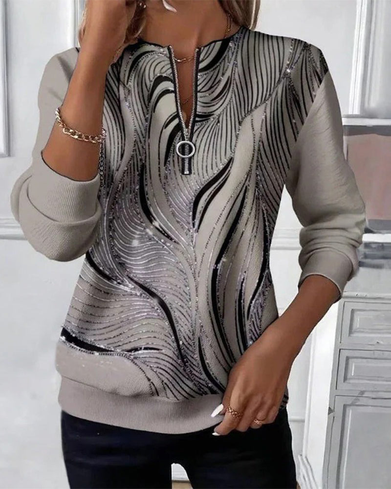 Casual Zip Print Sweatshirt