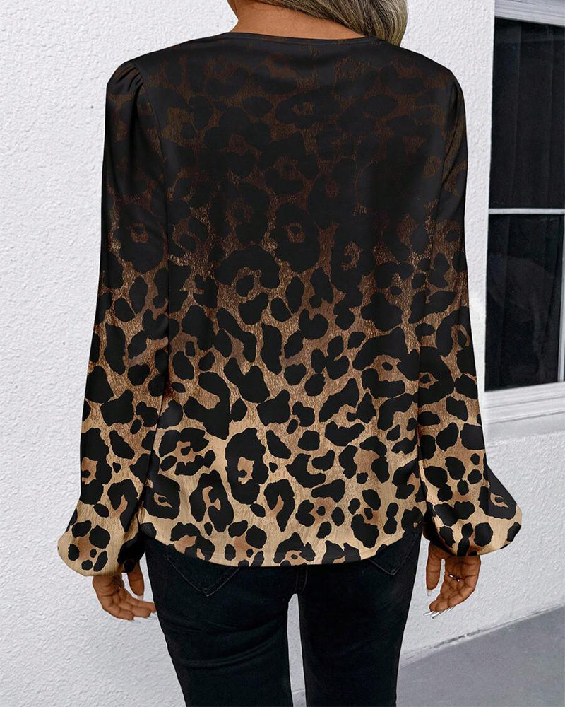 Shirt Puff Sleeve Gradient Leopard Print