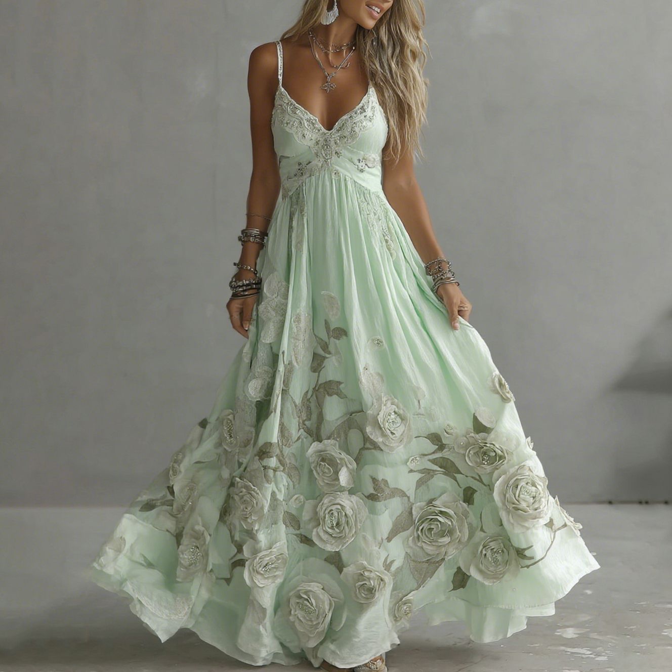 Adeluna | Long Dress with Vintage Rose and Embroidery