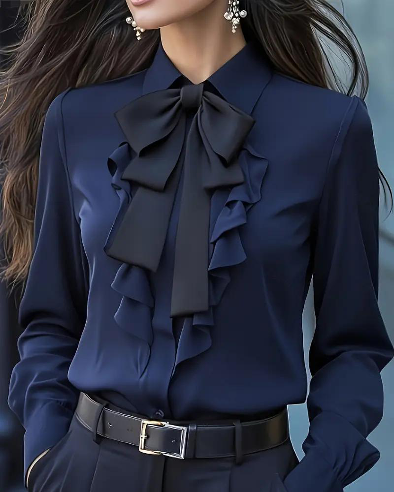 Long Sleeve Blouse with Knot and Ruffles