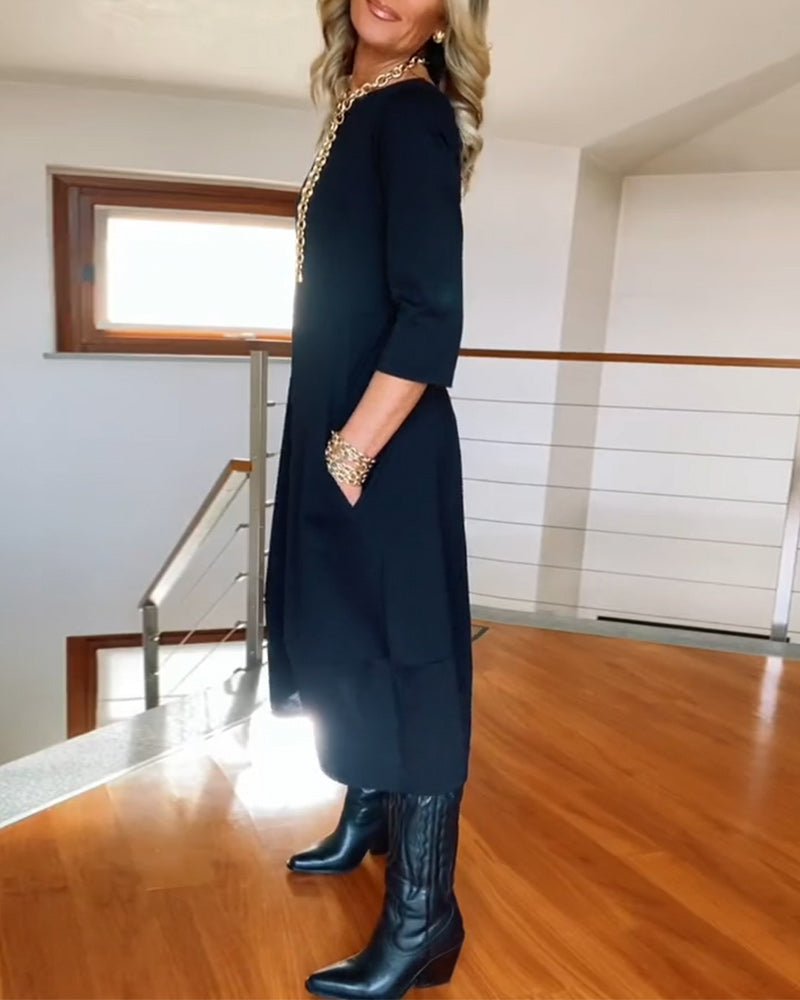 Elegant Solid Color Dress with Pocket and Round Collar