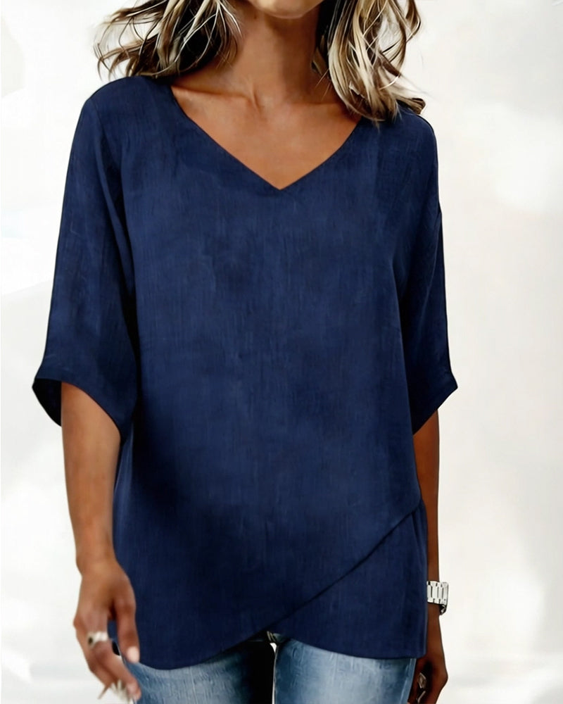 Irregular Hem Top Solid Color V Neck