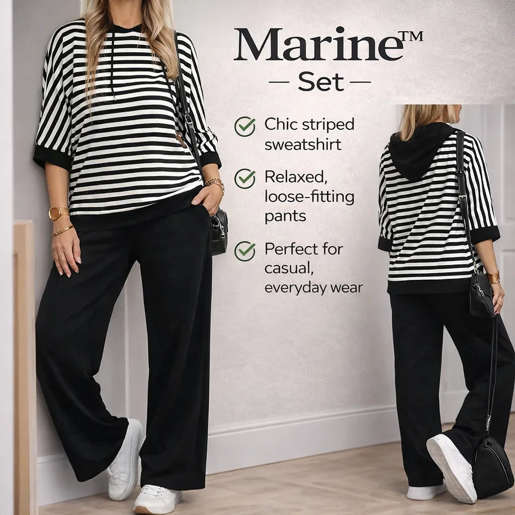 Marine™ | Set with Striped Sweatshirt and Loose Sweatpants with a Silky Feel, The Look that Combines Elegance, Comfort, and Urban Style!
