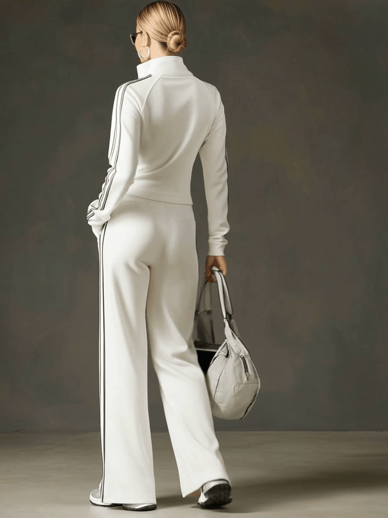 Sporty Retro Striped Webbing White Long Sleeve Sweatshirt And Wide Leg Pants Set