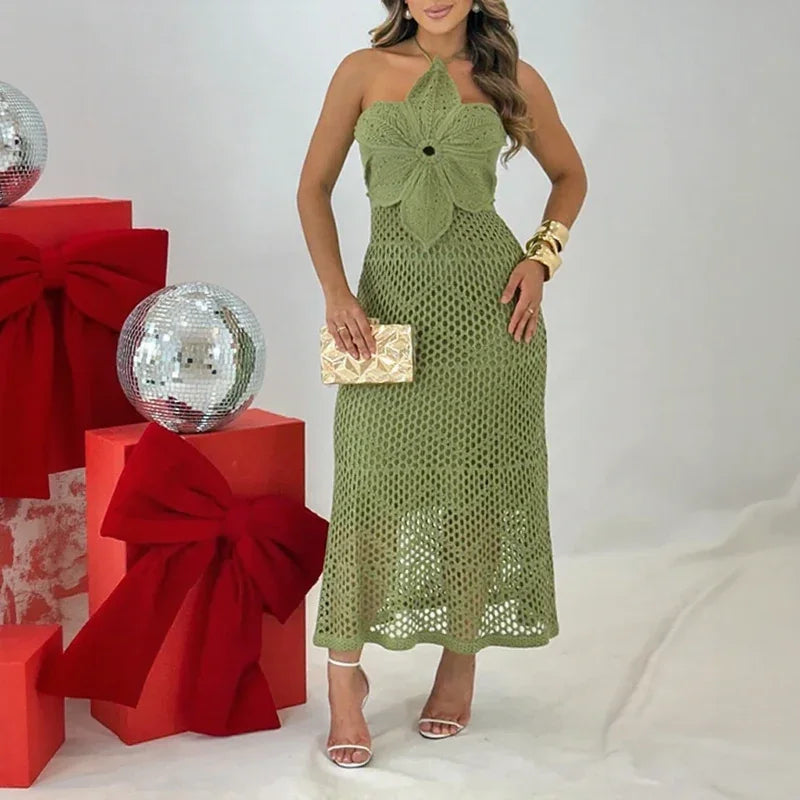 Solenne™ | Openwork Knit Dress with Flower Detail, Handcrafted Charm that Brightens Your Summer!