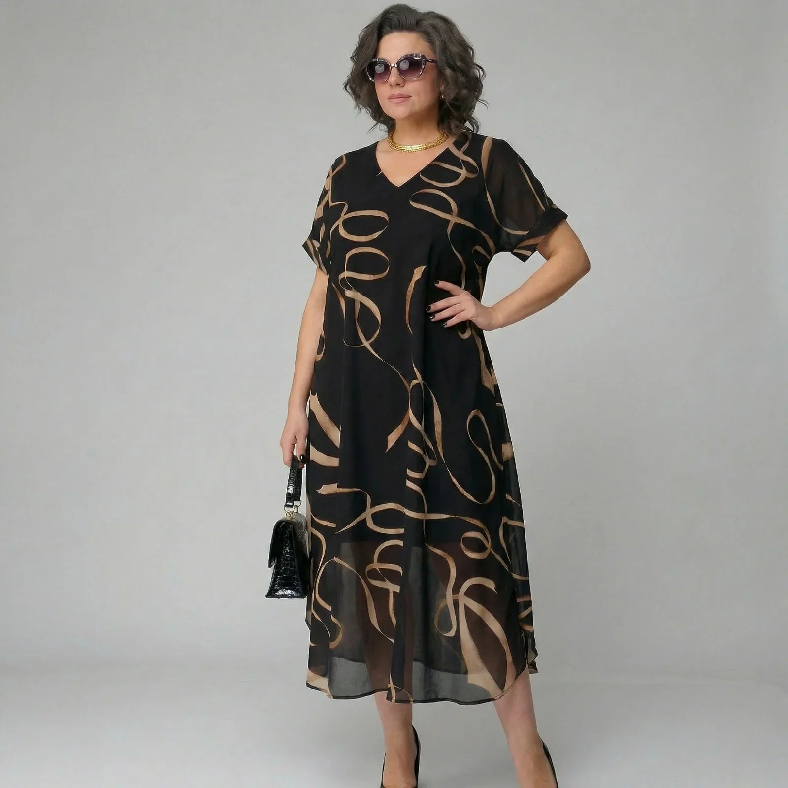 Francesca™ | Dress with Ruffle and Golden Print