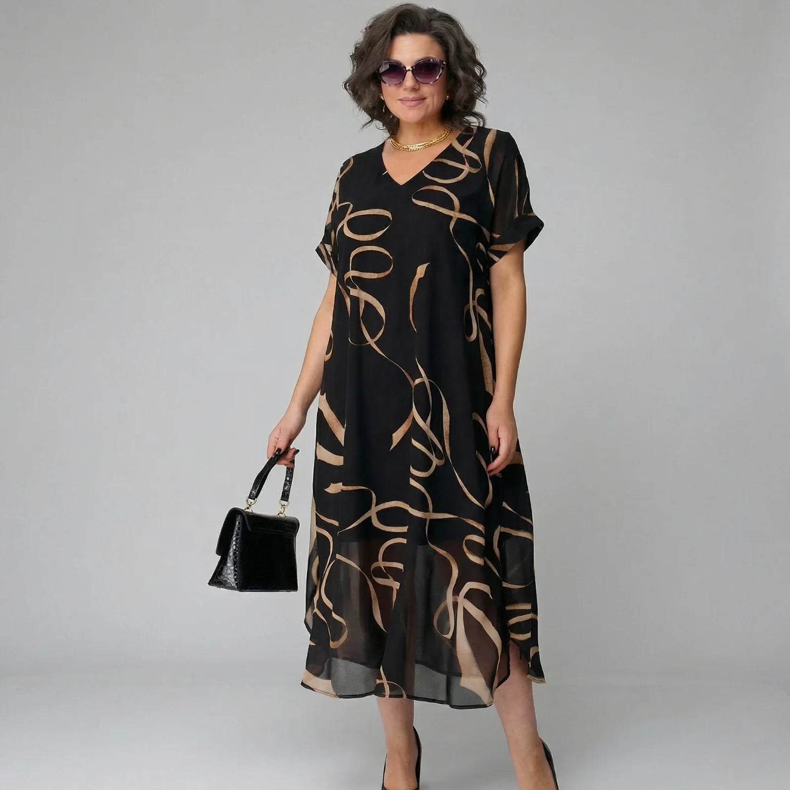 Francesca™ | Dress with Ruffle and Golden Print