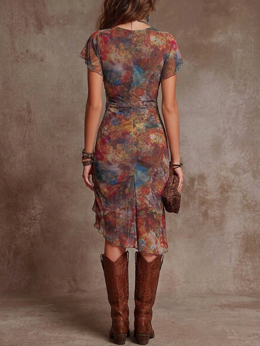 Bohemian Style V-Neck Pleated Dress