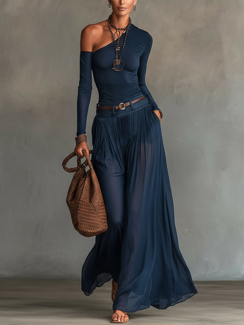 Navy Blue One-shoulder Top And Sheer Tulle Skirt Two-piece Set (with belt)