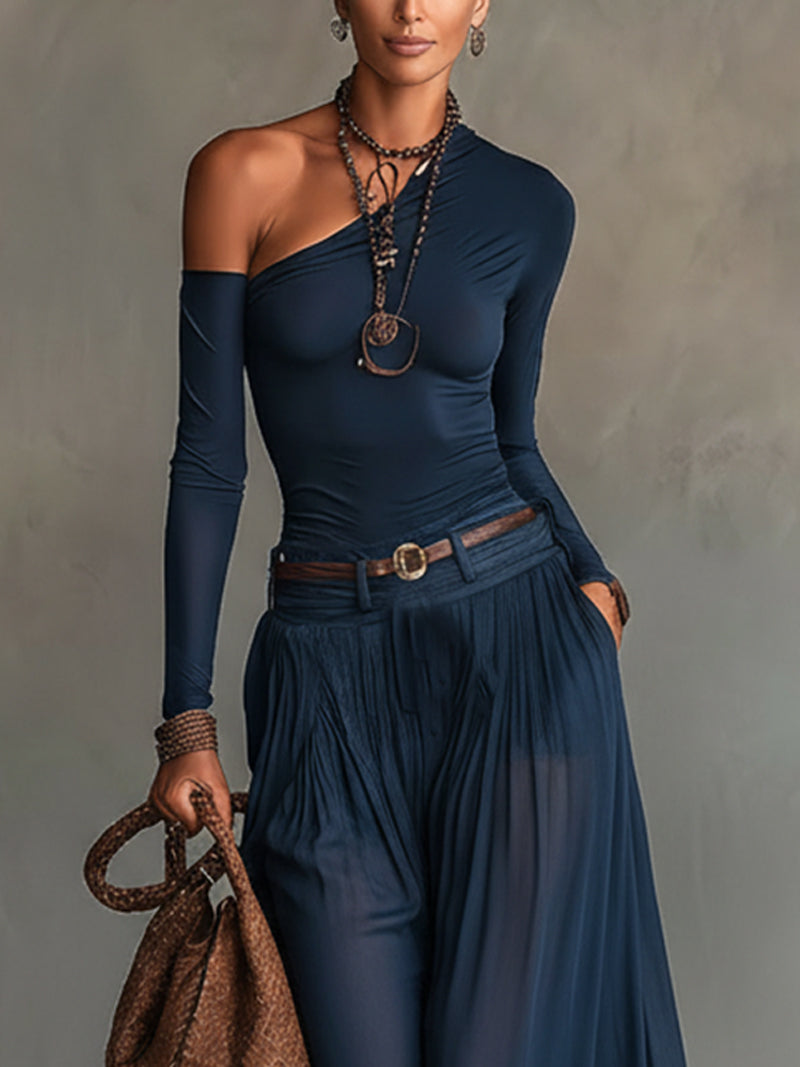 Navy Blue One-shoulder Top And Sheer Tulle Skirt Two-piece Set (with belt)