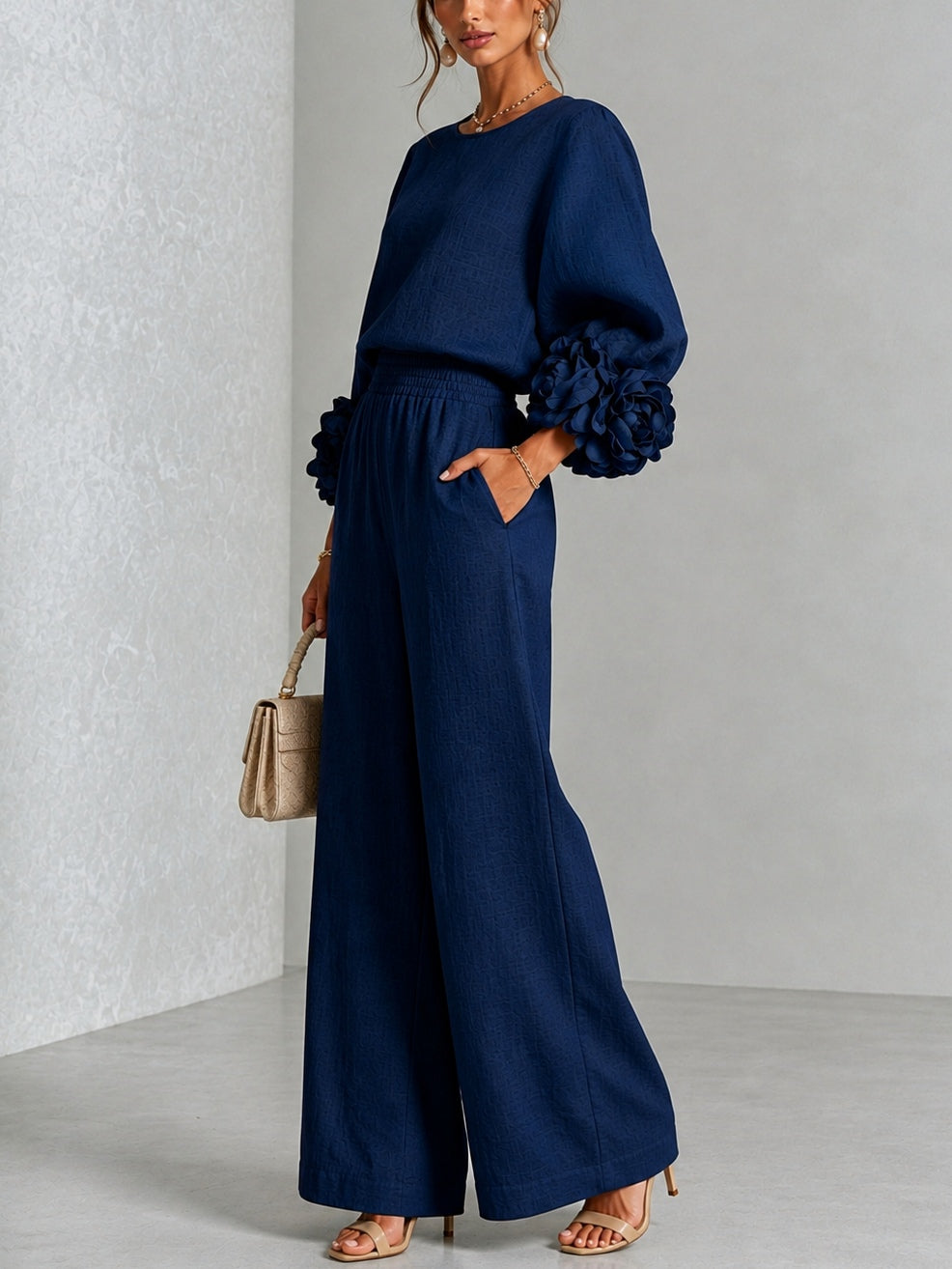 Navy Top Featuring Striking Floral Cuffs Paired With Wide-leg Pants Suit
