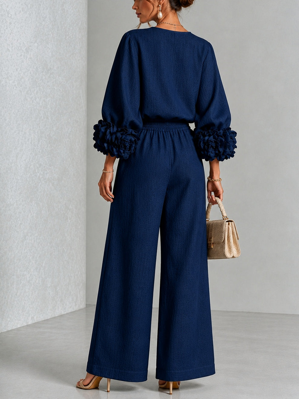 Navy Top Featuring Striking Floral Cuffs Paired With Wide-leg Pants Suit