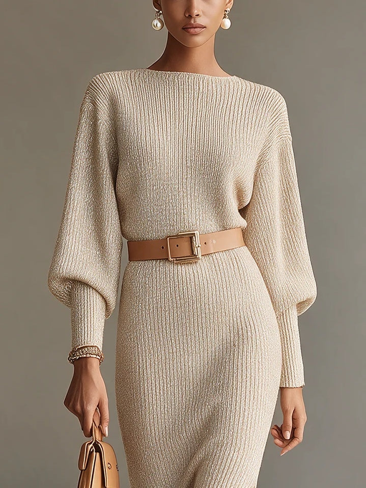 Oatmeal Boat-Neck Jacket Sleeve Slit Midi Dress (with belt)