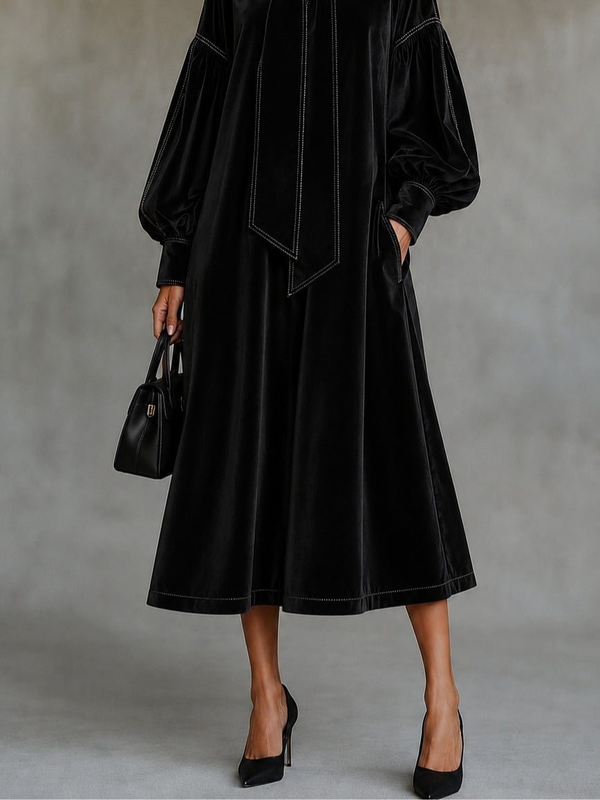 Black Velvet Midi Dress With Bow Detail And Lantern Sleeves