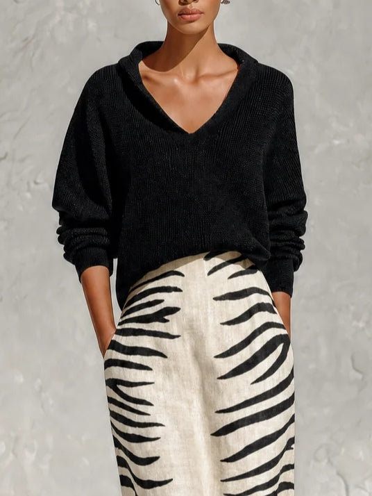 Black Collar Knit Top And Zebra Linen Midi Skirt Two‑Piece Set
