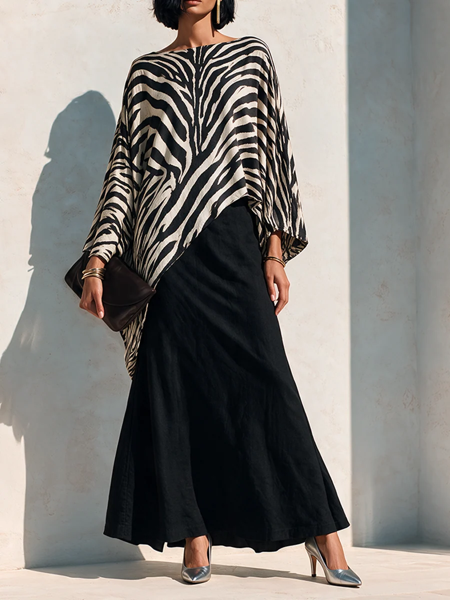Black Zebra Asymmetrical Top And Black Drape Skirt Two-Piece Set
