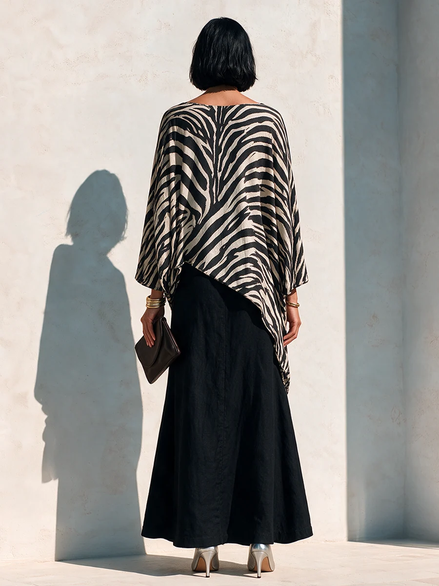 Black Zebra Asymmetrical Top And Black Drape Skirt Two-Piece Set