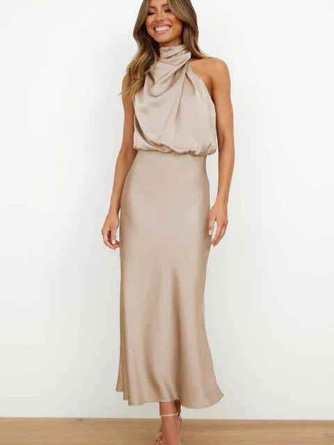Addison| Halterneck Satin Midi Dress