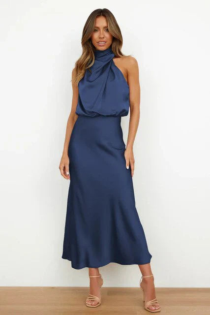Addison| Halterneck Satin Midi Dress